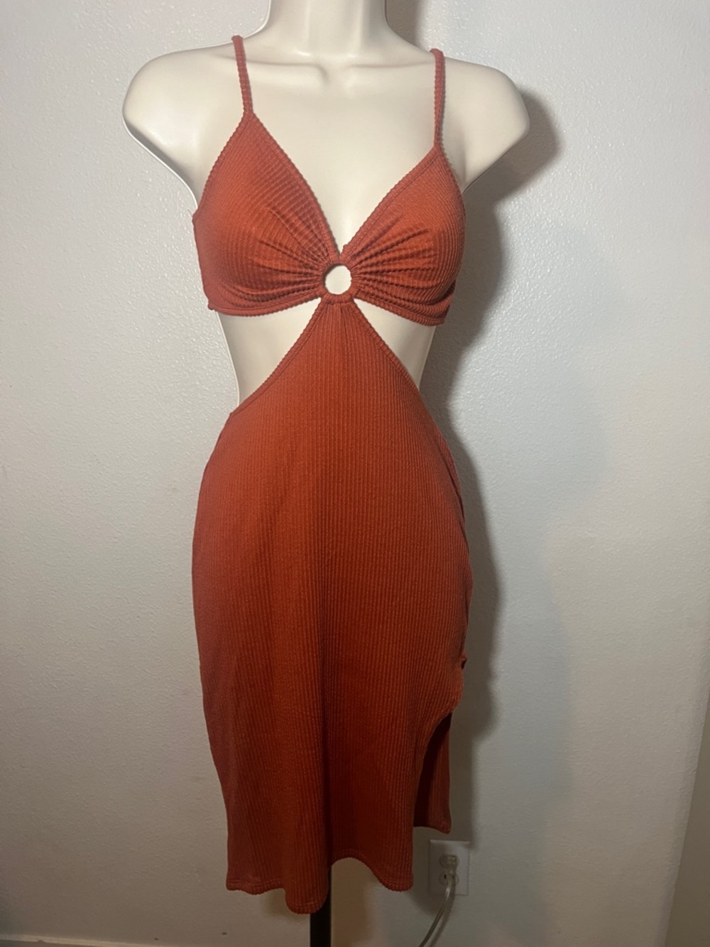 Rust Cutout Ring-Front Midi Dress